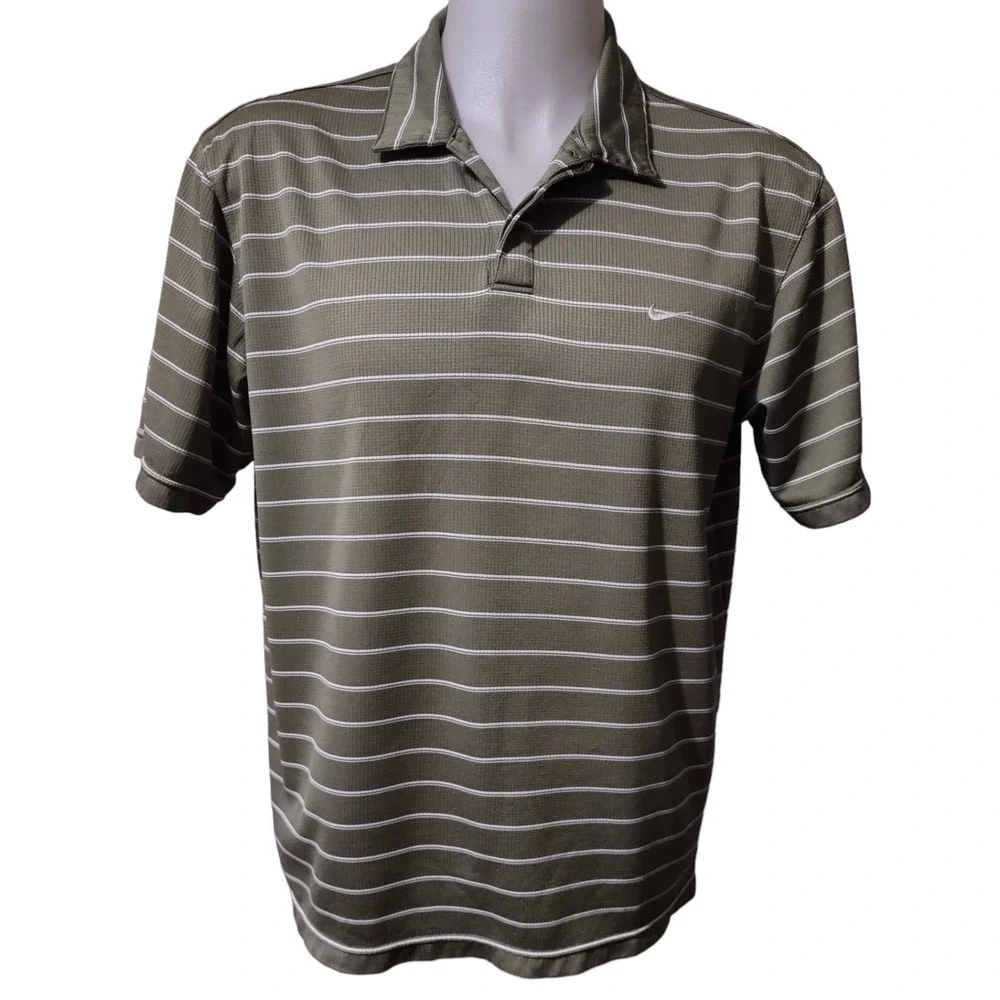 Nike Performance Polo Shirt Men's Large L Green Striped Collar Logo Short Sleeve
